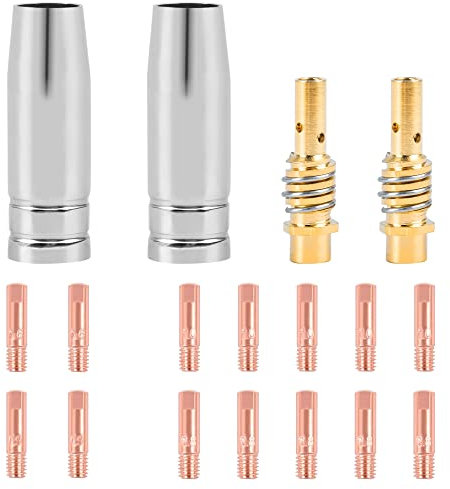 FBBULES 18 Stück Schweißzubehör Verschleißteile Set, 15AK MIG MAG Kupfer Kontaktspitze Schweißgerät Zubehör, 2x Gasdüse, 2x Düsenstöck, 5x Schweißdüsen 0,8mm 1mm, 2x Stromdüse 0,6mm 0,9mm