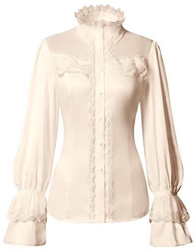 Women's Retro Victorian Lotus Lace Stand Collar Long Sleeve Shirts Apricot