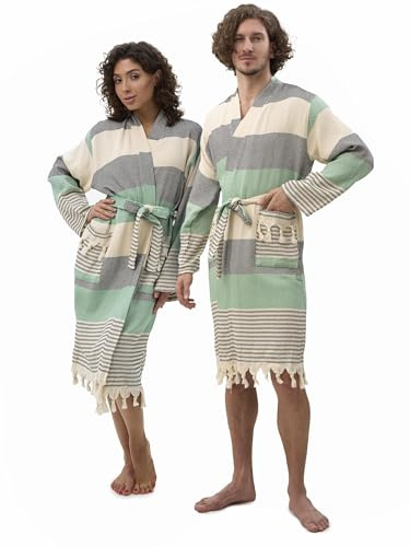 ATANI Luxury 100% Turkish Cotton Bath Robes for Women & Men, Soft Plush Waffle Robe, Absorbent & Lightweight, Perfect Spa & Lounge Robe (S/M Green-black)