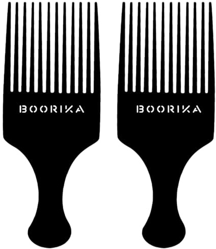 Boorika Afro Hair Pick Comb for Women & Men, 7.5 In Smooth Sturdy Wide Tooth for Detangling & Styling - Pack of 2