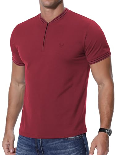 KUYIGO T-Shirt Henley da Uomo con Cerniera e Ricamo Testa di Cervo a Maniche Corte da Tennis, vestibilità Aderente, Rosso Vinaccia, M