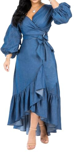 cffvdiz Vestido De Mezclilla para Mujer Manga De Farol con Volantes Manga Larga Cuello En V Vestidos De Mezclilla Sueltos