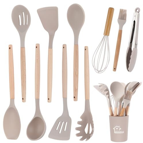 11 Pezzi Set Utensili Cucina Silicone, Set di Utensili da Cucina con Porta Utensili, Mestoli Cucina Silicone Antiaderente con Manico in Legno, Pentole, Set Mestoli Cucina Resistenti al Calore