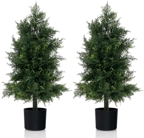 COSTWAY Uppsättning av 2 konstgjorda växter cederträ 80 cm, konstgjord växt furu formsnittträd, konstträd med kruka, gröna växter med realistiska blad, skalllans, inomhusväxt för hem, kontor, grön