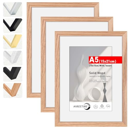 HIMEETIME® 3x Marco de fotos A5 15x21 cm Roble de Madera marcos cuadro,Aplicable para fotos de 9 x 14 cm con paspartú o 14.8 x 21cm sin paspartú,Para Decoración Hogar marco A5