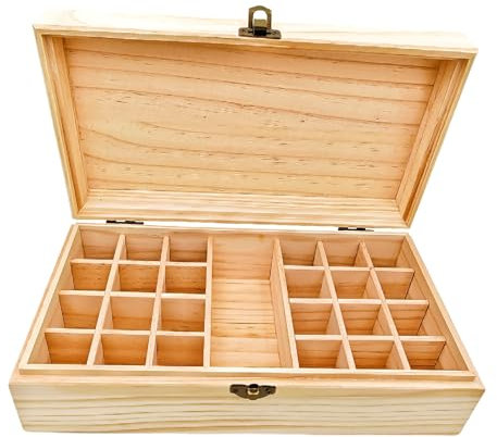 Anktily Scatola di conservazione in legno non verniciata con coperchio/25 scomparti, 27,5 x 15,2 x 8,5 cm, legno non verniciato, scatola per piccoli ricordi, gioielli, portabuste da tè