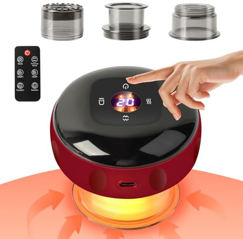 5 in 1 Electric Cupping Set, 12 Levels Temp Suction Vacuum Cupping Therapy Massager Machine Red Light with 3 Cups Rechargeable Gua Sha Cupping Set with Remote, Red