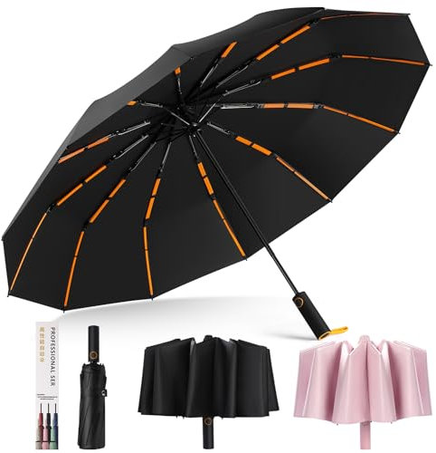 Hnjindong Regenschirm Winddicht Stark, 12-Rippen-verstärkter Reise-Automatik-Taschenschirm für Wind und Regen (Schwarz)