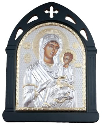 RZRHMUHN Icono ortodoxo de la Virgen María y el Niño Jesús, chapado en plata y oro, perfecto para exhibición de altar en el hogar o iglesia (Blcak)