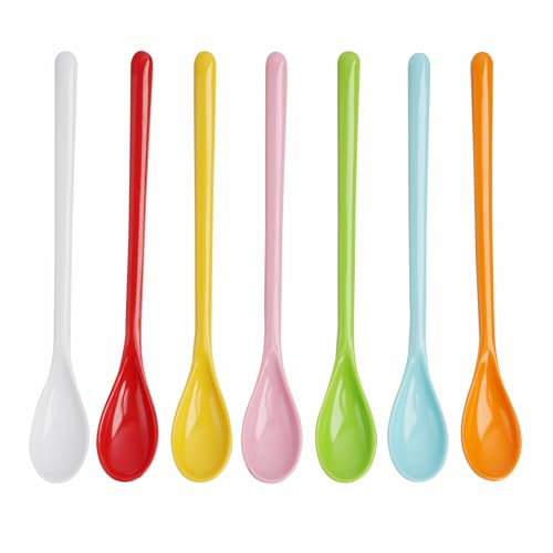 FunWorth Plastik Löffel Set, 7 Stück Lange Griff Eierlöffel aus Kunststoff, Anti-Tropfen Marmeladenlöffel, Bunte Farben, Ideal für Joghurt, Eis, Kaffee, Getränke, Heimküche und Gastronomie