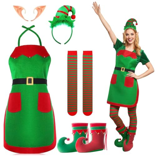Disfraz de Elfo de Navidad para Mujeres, Accesorios de Fiesta con Delantal de Elfo, Sombrero de Gnomo, Orejas, Zapatos, Medias, Disfraz Cosplay Adulto Hecho a Mano, Para Navidad y Cosplay (5 unidades)