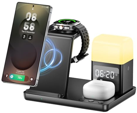 6-i-1 induktiv laddningsstation, trådlös laddare med väckarklocka och nattlampa, trådlös laddare kompatibel med Samsung Galaxy S25/S24/S23/S22, Galaxy Z Flip 6/5/Z Fold 6/5, Buds3 och Galaxy Watch