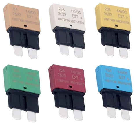 6Pcs Auto Sicherungen Set, 12V Flachsicherungen, 5A/10A/15A/20A/25A/30A Autosicherungen, Kfz Sicherung, Autosicherungen Set Gemischt für KFZ Auto Wohnmobil Boot Motorrad Manuelles Zurücksetzen