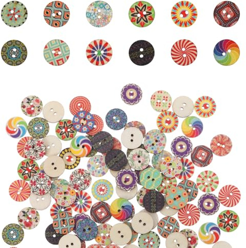 100 botones de madera coloridos, coloridos botones vintage con 2 agujeros, botones de madera para manualidades, botones redondos retro con flores mixtas para coser, manualidades, manualidades