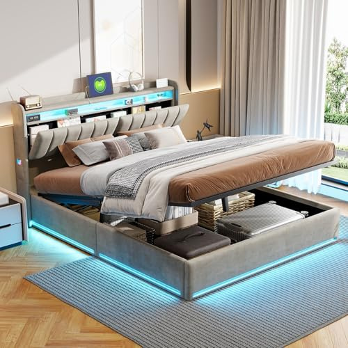 BestAlice Letto imbottito 160 x 200 cm, con stazione di ricarica e LED, letto per ragazzi, letto matrimoniale, testiera e scaffali aperti a due piani, letto idraulico, struttura del letto con rete a