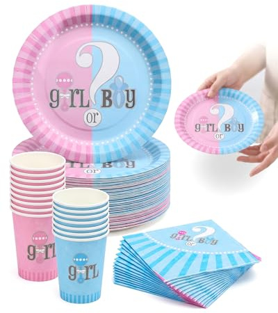 HAPZUR Gender Reveal Party Stoviglie per 20 Invitati - Set Piatti Bicchieri Blu e Rosa, Decorazioni Baby Shower per Annuncio Sesso Bebè