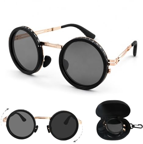 Ecofocet Lunettes de Soleil Pliantes, Rondes Lunettes Polarisées, UV400, ND Réglables à 9 Niveaux, Monture Métal avec Etui, Retro pour Conduite, Pêche, Outdoor, Plage, Homme, Femme (Or)