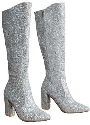 Women's Knee-High Boots with Heel Glitter Long Shaft Boots, Block Heel Pointed Toe Overknee Boots High Heels Women's Boots with Zip Fashionable for Mountain Boots Autumn Boots, silver, 8 UK