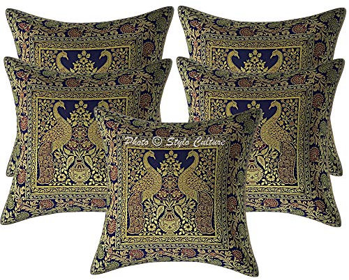 Stylo Culture Ethnicas Forros De Cojines Decorativa 40x40 cm Brocado De Seda Pavo Real Fundas Almohadones Sofa Azul Marino Jacquard Cuadrado Cremallera Fundas Almohadones para Sillas - 5 Pcs