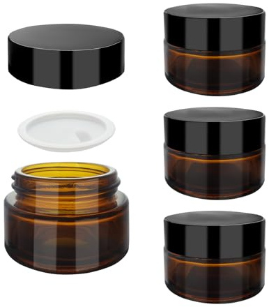 SyiXute 4-pack 20 ml bruna glas kosmetiska tonade burkar, tomma bärnstensglasburkar, påfyllningsbar kosmetisk ansiktsgräddburk med skruvlock och vita foder för krämer, lotioner och eteriska oljor