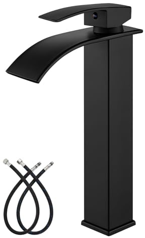 gotonovo Waterfall Tall Bathroom Faucet Single Handle Bathroom Faucets for Sink 1 Hole Stainless Steel Vessel Sink Faucet Modern Mixer Tap Wash Basin Faucet Without Pop Up Drain, Matte Black