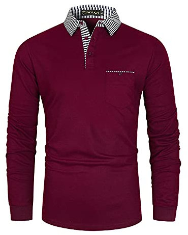 GHYUGR Men's Polo Shirt Long Sleeve Contrasting Plaid Splice Golf Tennis T-Shirt,Red,L