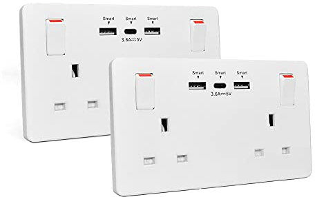 2 Pack Wall Socket Double Switched with 2USB and 1 Type C Fast Charging,13 Amp 2 Gang White Electric Socket