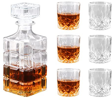 Bemodst Whisky Glasses, 7-Piece Whisky Decanter Set, with 6 Lead-Free Crystal Decanter Machine Gift Box Set, Used for Whisky, Scotch Whisky, Cognac Whisky Glasses, and Home Wine Sets (Diamond Grid)