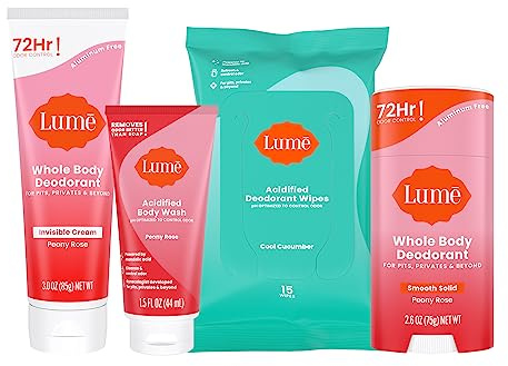 Lume Skin Care Gift Set for Women, Whole Body Deodorant Starter Pack - Smooth Solid Stick, Invisible Cream Tube, Acidified Body Wash Mini & Deodorant Wipes - Aluminum Free Odor Control (Peony Rose)