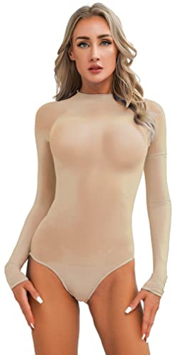 Freebily Femme Body Thong Manches Longues Transparent Sheer Combinaison Ouvert Buste High Cut Leotard Bodysuit Belly Sleepwear