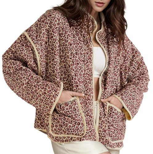 Yimoon Women's Cropped Puffer Quilted Jacket Vintage Floral Print Open Front Lightweight Short Jacket Outwear
