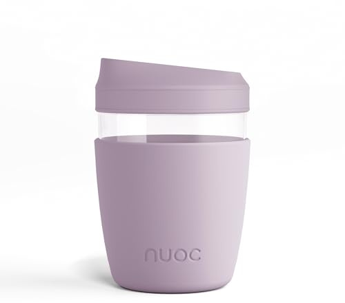 NUOC Taza de café para llevar reutilizable, vaso de cristal para café o té con tapa hermética a prueba de fugas con funda de silicona, taza de viaje - Bebidas Frías y Calientes, sin BPA (Rosa Claro)