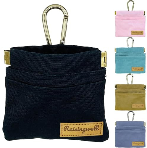 Raisingwell Dog Treat Pouch, Black Pocket Sized Pet Training Pouch, Cotton Fabric, Hand Free Dog Walking Bag with Carabiner, Self-Closing Pet Feed Snack Reward, for Pet Puppy Travel or Outdoor Use