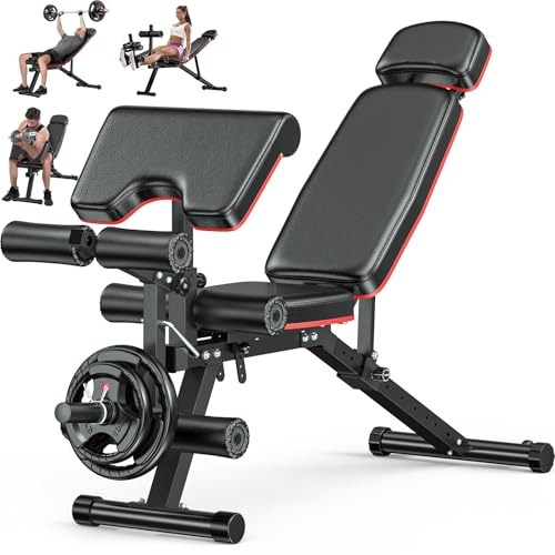 XDDIAS Workout Bench, Adjustable Weight Bench with Leg Extension and Leg Curl, Extended Headrest, 900LBS Preacher Curl Bench Incline Decline Flat Workout Bench for Home Gym Full Body Exercise