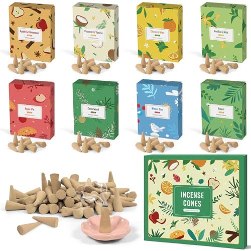 Scent-Hi Räucherkegel 120st, Gemischte Düfte Räucherkerze für Aromatherapie Luftreinigung mit Räucherstäbchenhalter, Apfelkuchen, Vanille und Minze...