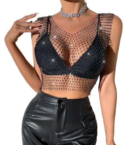 KSJEHW Top con catena per il corpo in rete con strass lucidi per donna Top corto in bikini lucido per festival in discoteca(Scollo a V, M)