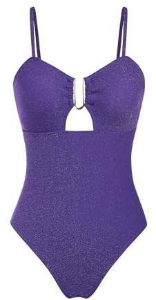 ZAFUL Women's One-Piece Swimsuit Glitter Cut Out Bathing Suit Shiny Tummy Control Tie Back Sexy Monokini Swimwear Purple M