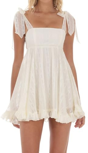 FeMereina Minivestido tipo babydoll de tul Y2K para mujer, con lazo en los hombros, sin mangas, con volantes, acampanado, vestido corto Y2K Streetwear