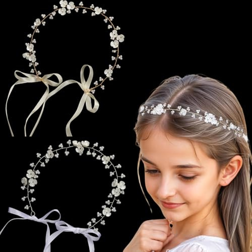2 Piezas Diadema de Flores para Niña,Tocado de Primera Comunión para Niñas,Accesorios para el Pelo para Niñas,Corona de Flores de Princesa con Perlas,Accesorios para el Cabello de Boda para Dama Honor