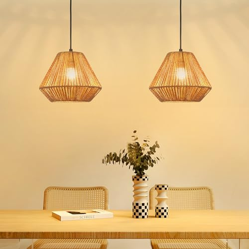 Deboola Hängelampe Boho Hängeleuchte Rattan Papierseil- 2ER Pendellampe Diamant Design Esstisch Vintage Pendelleuchte E27 Esstischlampe für Esszimmer Schlafzimmer Wohnzimmer Flur(Ohne Leuchtmittel)