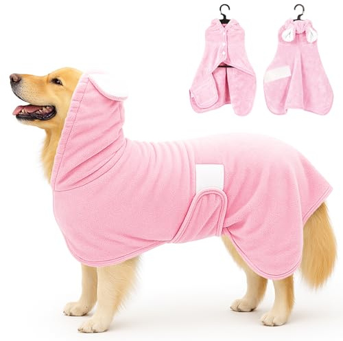 Fnaobai Peignoir de bain pour chien et chat super absorbant - Serviette de bain à capuche avec col réglable et sangle ventrale pour animaux de compagnie de XS à XL (rose, XL)