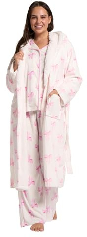 OHS Bow Print Dressing Gown Womens, Super Soft Plush Flannel Fleece Hooded Bathrobe with Pockets Fluffy Sherpa Lined Gifts for Women Loungewear Long Ladies Dressing Gowns, White/Pink