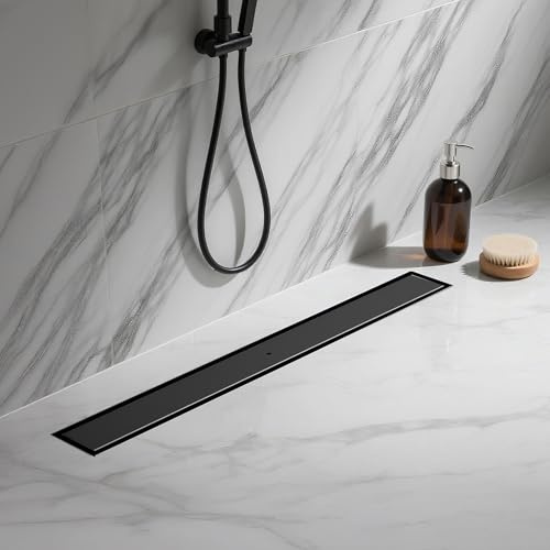 KINKIBOS Canalina per doccia piastrellabile, 80 cm, nero opaco, sifone a 360°, con filtro antiodore e filtro per capelli, in acciaio inox 304, scarico a pavimento, molto piatto, DN50 DN40