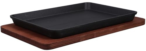 Housoutil Plato Cuadrado para Fajitas de Hierro Fundido con Base de Madera, Sartén Grande 23.2x17.5 Cm para Barbacoa, Cocina Teppanyaki y Carnes, Resistente y Apto para Inducción