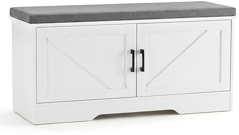 DUMOS Shoe Storage Bench, 39 Wide Shoe Organizer Cabinet with Padded Seat Cushion, 2 Doors, Adjustable Shelf for Entryway, Hallway, Bedroom, Living Room, White