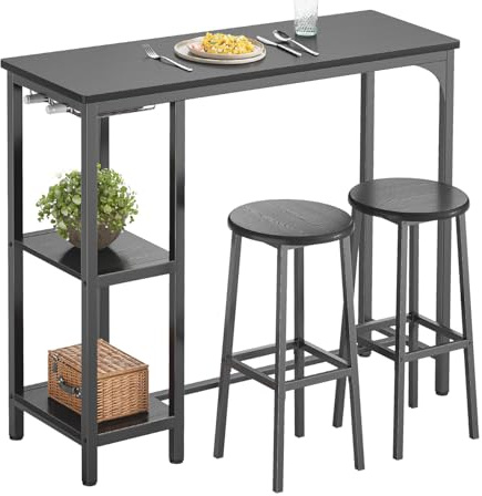 Xbro Bar Table and Stools Set of 2, 120cm Industrial Bar Table with Storage Shelves & Glass Holder, Counter Height Bar Table and Chairs for Kitchen, Dining Room, Home Bar-Black