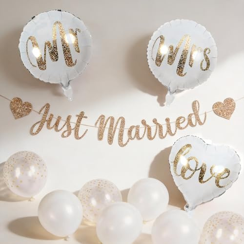 Just Married Decorations Set - 10PCS Wedding Balloons & Banner Kit with Champagne Gold Glitter Balloons, Romantic Party Decor for Wedding Ceremony
