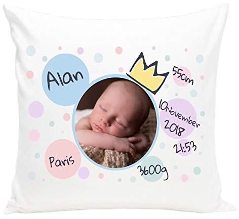 Ferocity Cuscino Personalizzabile Nascita del Tuo Bimbo con Data di Nascita con Nome Cuscino per bambin 40 x 40 cm Regalo per la Nascita Principe [095]