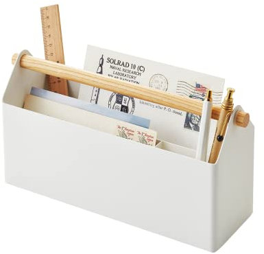 Yamazaki 4152 TOSCA Stifte- und Briefhalter, weiß, Stahl/Holz, minimalistisch, 27 x 8.5 x 13.5 cm