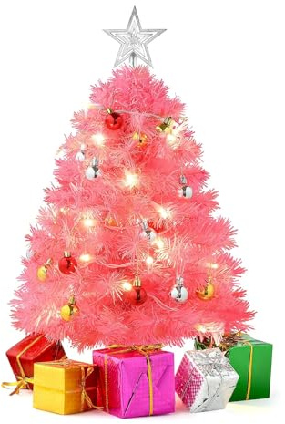 PREXTEX Table Top Christmas Tree - 23 Inch Mini Pink Flocked Christmas Tree with LED Lights, Hanging Ornaments, Gift Boxes, and Star Topper - Small Tabletop Holiday Decor for Indoor and Outdoor Use